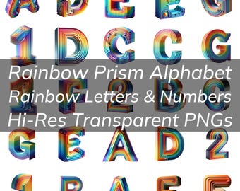 May include: Rainbow prism alphabet letters and numbers. The letters and numbers are 3D and have a rainbow prism effect. The letters are A, D, E, G, 1, C, F, 2, B, and the numbers are 1 and 2.