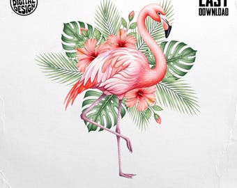 Flamingo PNG, Flamingo Clipart, Tropical Png, Floral Flamingo, Hibiscus Png, Palm Leaves, Sublimation Png, Digital Download