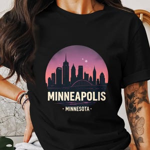 Minneapolis Cityscape Retro Design T-Shirt, Vintage Minneapolis Shirt, Cool Graphic Tee, 80s Inspired Minneapolis Top