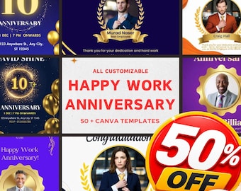 Más de 50 plantillas de Canva personalizadas para aniversarios de trabajo, descarga digital, tarjetas de aniversario de trabajo, texto totalmente personalizable, fotos, Canva gratis