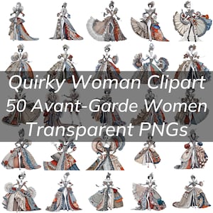 50 bundle di clipart peculiari di donne eccentriche, ritratti di donne eccentriche, PNG trasparenti, cartoline di moda d'avanguardia, poster, magliette, disegni