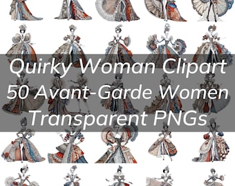 50 Peculiar Quirky Woman Clipart Bundle, Quirky Women Portraits, Transparent PNG, Avant-Garde Fashion Cards, Posters, T-shirts, Designs