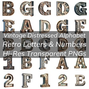 Paquete de letras y números retro con diseño desgastado vintage en PNG transparente para manualidades, fuentes vintage para tazas, carteles y camisetas