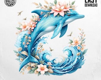 Delfín PNG, imágenes prediseñadas de delfines, delfín floral, delfín oceánico PNG, delfín bohemio, PNG para sublimación, descarga digital