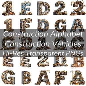 Puede incluir: Un conjunto de letras y números del alfabeto hechos de vehículos de construcción. Las letras son amarillas, negras y grises. Las letras están en una fuente en negrita y de bloque. Las letras están dispuestas en un patrón de cuadrícula. Las letras están sobre un fondo blanco. Construction Alphabet Construction Vehicles Hi-Res Transparent PNGs