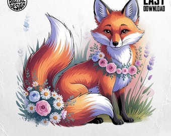 Floral Fox PNG, Fox Clipart, Flower Crown Fox, Boho Fox, Sublimation PNG, Digital Download, Fox with Flowers, Nursery Art