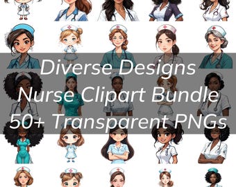 50+ Diverse Nurse Clipart Bundle, Colorful Designs, For Junk Journal, Scrapbooking, Digital Download, 300 DPI Transparent PNG