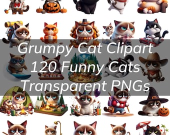 120 Grumpy Cat Clipart Bundle, Mürrische Katzen Thema, transparente PNG, unglückliche lustige Katzen Clipart saisonale Designs Poster, Schilder, T-shirts