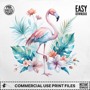 Flamingo PNG, Flamingo Clipart, Floral Png, Tropical Png, Watercolor Flamingo, Sublimation Png, Digital Download