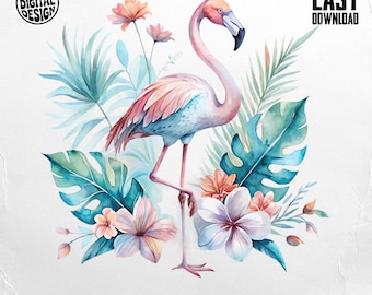 Flamingo PNG, Flamingo Clipart, Floral Png, Tropical Png, Watercolor Flamingo, Sublimation Png, Digital Download