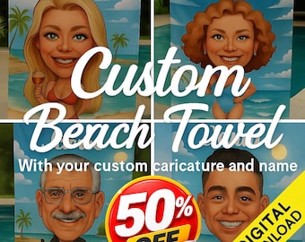 Diseño de toalla de playa personalizada con tu caricatura y nombre, totalmente personalizable, toalla de playa de dibujos animados personalizada, descarga digital, lista para imprimir