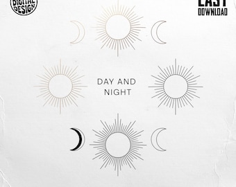 Day and Night PNG, Sun and Moon Clipart, Celestial Png, Gold and Black Sun, Boho Sun Moon, Sublimation Png, Digital Download