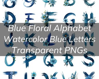 Paquete de alfabeto floral azul acuarela, letras y números florales azules, PNG transparente, hito del bebé del tema azul, baby shower del niño del bebé