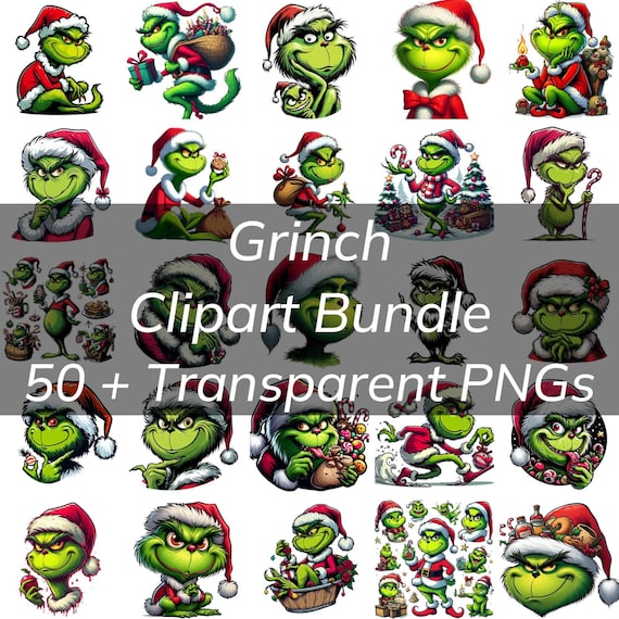 50+ Grinch Cliparts Bundle PNG50 Grinch Cliparts Bundle PNG - Colorful Quirky Grinch Designs for Christmas Gifts, Posters, Mugs, and Tshirts
