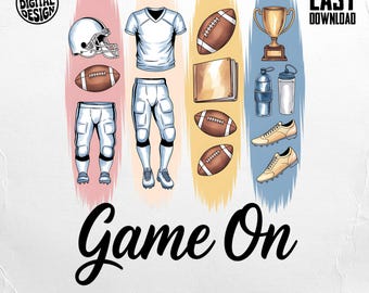 Pode incluir: Ilustração digital com equipamentos e acessórios de futebol americano. Inclui um capacete branco, camisa, calças, bolas de futebol, um troféu, garrafas de água e chuteiras. A frase "Game On" está escrita em itálico. O design está em listras verticais coloridas.