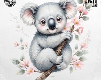 Koala PNG, Cute Koala Clipart, Floral Koala, Animal Png, Sublimation Png, Digital Download, Koala Bear Art