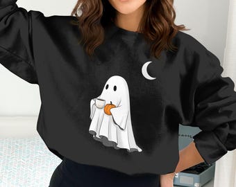 Spooky Season Ghost Png, Coffee Ghost Clipart, Pumpkin Ghost Digital Download, Halloween Png, Ghost with Pumpkin, Fall Png