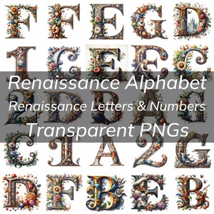 Pacchetto alfabeto rinascimentale, lettere e numeri rinascimentali, PNG trasparenti, carte a tema rinascimentale, magliette, disegni lettere medievali