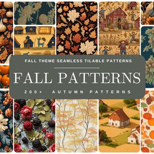 May include: A collection of 200+ fall themed seamless tileable patterns. The patterns feature pumpkins, leaves, berries, houses, and other autumnal elements.  Fall Patterns 200+ Autumn Patterns