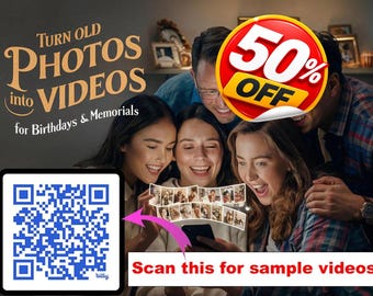 Puede incluir: Imagen que promociona la conversión de fotos antiguas en videos para cumpleaños y conmemoraciones. La imagen muestra a un grupo de personas mirando un teléfono que muestra fotos. Hay un código QR presente, junto con una promoción del 50% de descuento.