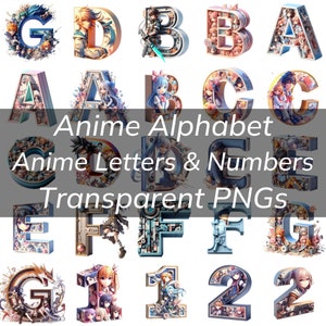 Paquete de alfabeto de anime, letras y números de manga de anime, PNG transparente, fuentes de manga de anime, tarjetas temáticas japonesas, camisetas, tazas, vasos