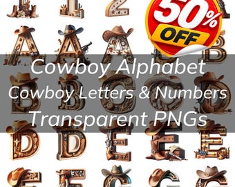 Cowboy Alphabet Bundle, Cowboy Letters & Numbers Transparent PNG Wild West, Texas Theme, Cowboy Western Birthday Theme Cards, Nursery Decor