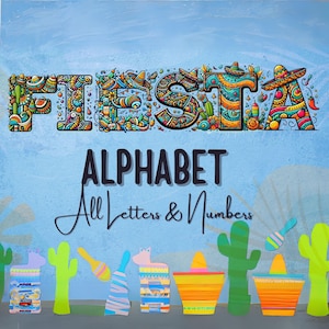 Letras del alfabeto de fiesta en garabatos / Letras y números de fiesta en formato PNG / Clipart del Cinco de Mayo, Letras y números del alfabeto con tema mexicano de fiesta en formato PNG