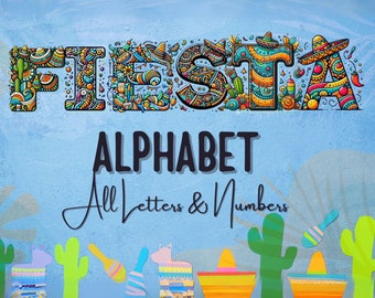 Fiesta Alphabet Doodle Letters / Fiesta PNG Letras Números / Cinco de Mayo Clipart, Fiesta Clipart Tema Mexicano Alfabeto Letras Números