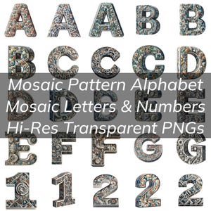 Alfabeto con patrón de mosaico, letras de estilo mosaico, números, letras PNG transparentes con temática de mosaico para camisetas, carteles, tazas y vasos