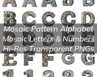 Mosaic Pattern Alphabet, Mosaic Style Letter, Numbers, Transparent PNG Mosaic Theme Letters for T-shirts, Posters, Mugs, Tumblers