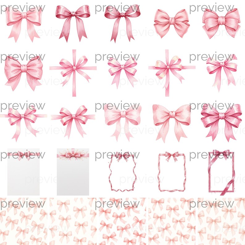 Watercolor Pink Coquette Ribbons, Frames, Patterns Clipart Bundle ...