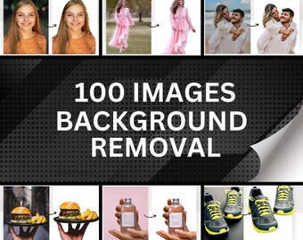 Puede incluir: Una colección de 100 imágenes con fondos eliminados. Las imágenes incluyen personas, comida y productos. El texto "100 IMAGES BACKGROUND REMOVAL" se muestra en el centro de la imagen.