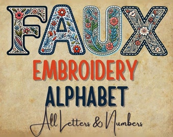 Faux Embroidery Retro Alphabet Bundle • Faux Embroidery Stitch Letters & Numbers • Digital Download • PNG Transparent Letters • DIY Crafts