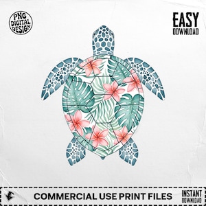 Tortuga marina floral PNG, Tortuga tropical Clipart, Plumeria Png, Hoja de monstera Png, Hawái Png, Verano Png, Descarga digital
