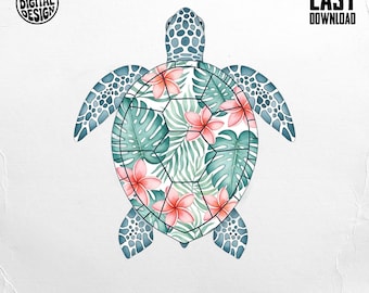 Floral Sea Turtle PNG, Tropical Turtle Clipart, Plumeria Png, Monstera Leaf Png, Hawaii Png, Summer Png, Digital Download