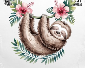 Sloth PNG, Sloth Clipart, Floral Sloth, Hibiscus Png, Tropical Png, Summer Png, Digital Download