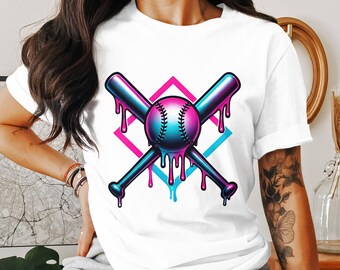 May include: White t-shirt featuring a baseball design. The graphic includes a baseball and two crossed bats, with a dripping effect in shades of blue and pink. The design is set against a pink and blue diamond shape.