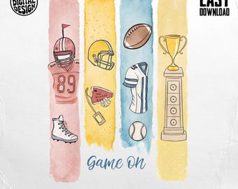 May include: Watercolor illustration featuring football and baseball equipment, including a helmet, jersey, football, baseball, and trophy. The text "Game On" is displayed. The design is for commercial use print files.