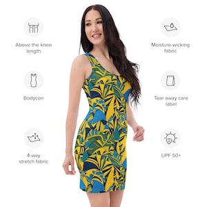 May include: A sleeveless bodycon dress with a vibrant abstract pattern in yellow, blue, and green. The dress is above the knee length and made of 4-way stretch fabric. Features include moisture-wicking fabric and UPF 50+ protection.