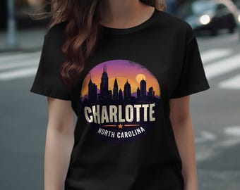 Charlotte North Carolina Retro Cityscape Design T-Shirt, Skyline Silhouette Graphic Tee, Vintage Charlotte City Shirt