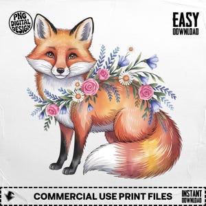 Floral Fox PNG, Fox Clipart, Boho Fox, Flower Fox, Sublimation Png, Digital Download, Fox with Flowers, Nursery Decor