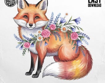 Floral Fox PNG, Fox Clipart, Boho Fox, Flower Fox, Sublimation Png, Digital Download, Fox with Flowers, Nursery Decor