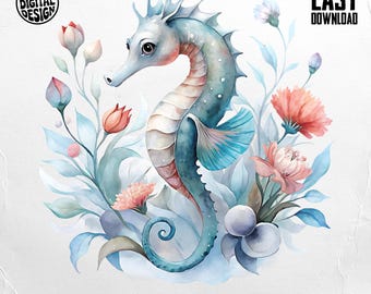 Seahorse PNG, Watercolor Seahorse, Floral Seahorse, Ocean Png, Sea Life Png, Sublimation Png, Digital Download