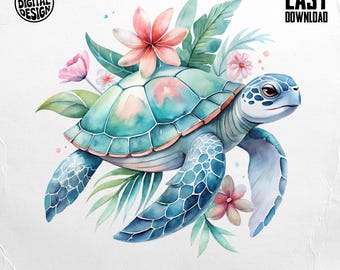 Floral Turtle PNG, Turtle Clipart, Watercolor Turtle, Tropical Png, Flower Turtle, Sublimation Png, Digital Download