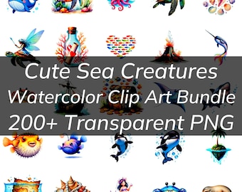 200+ Meereskreaturen Aquarell Clipart Bundle, transparente PNGs, süße Meerestiere und wunderliche Meeresleben-Artikel Niedliche Delfine, Wale, Robben