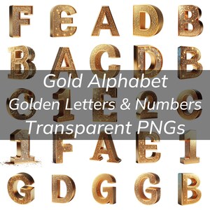 Funkelndes Gold Alphabet Bundle, goldene Buchstaben & Zahlen, transparente PNG, funkelnde Gold Typografie Luxus glitzernde Buchstaben Digital
