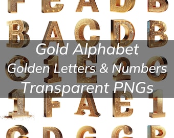 Sparkling Gold Alphabet Bundle, Golden Letters & Numbers , Transparent PNG, Sparkling Gold Typography Luxury Glittering Letters Digital
