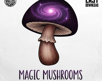 Champignons magiques PNG, clipart de champignons galactiques, PNG psychédélique, téléchargement numérique, art imprimable
