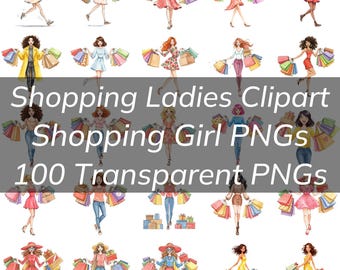 100 Shopping Lady Clipart Transparent PNGs, Shopping Woman Clipart, Fashion Girl , shopping girl Bags and Boxes, Gift for Shopping Lover