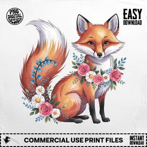 Floral Fox PNG, Fox Clipart, Flower Fox Png, Boho Fox, Watercolor Fox, Sublimation Png, Digital Download